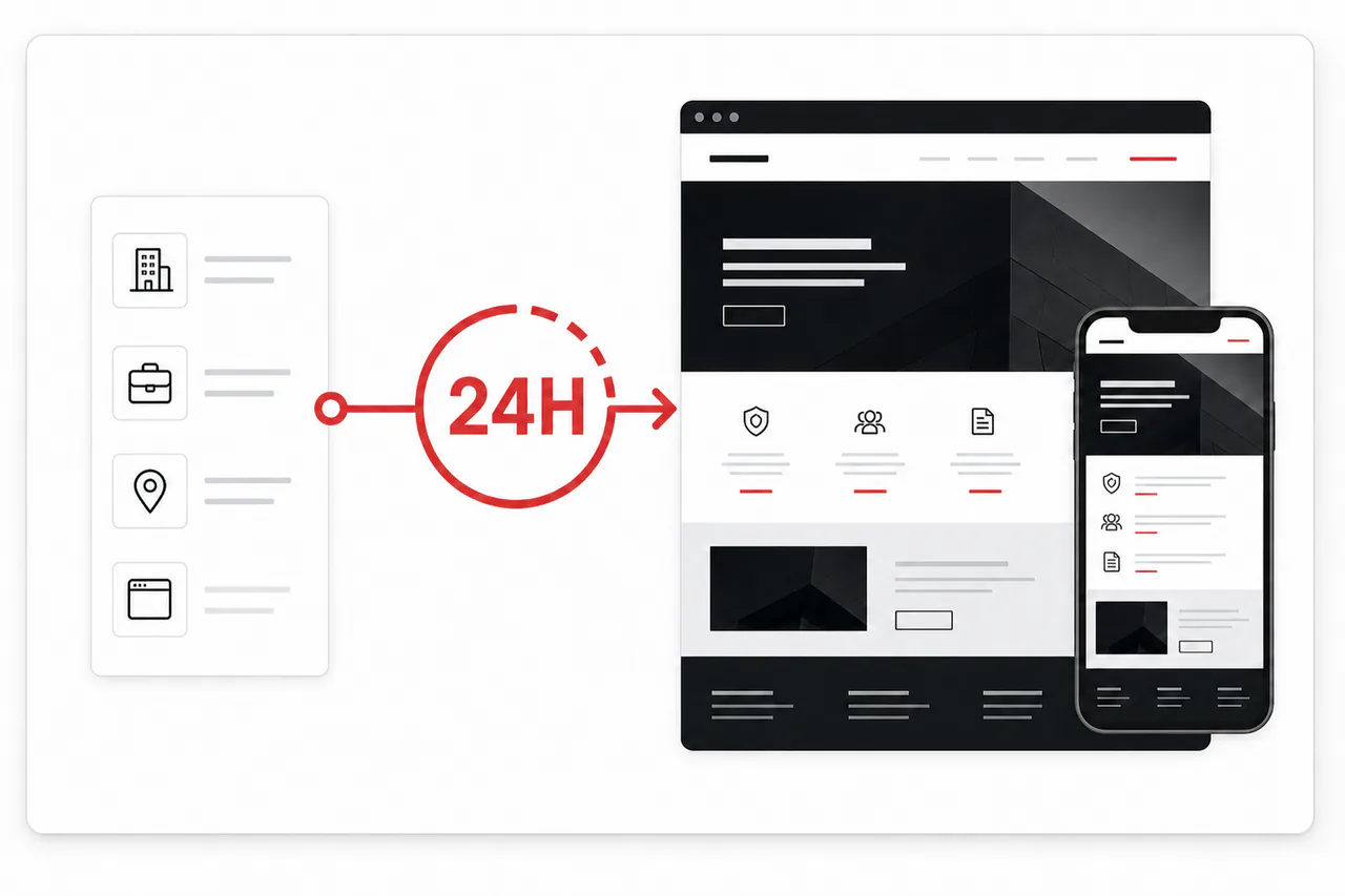 Law firm intake flowing into a responsive homepage draft in 24 hours