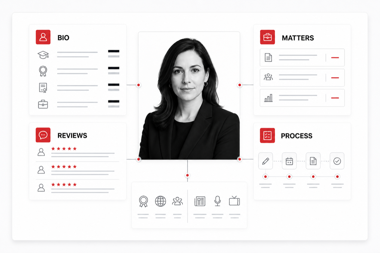 Attorney profile connected to credentials, representative matters, reviews, and process