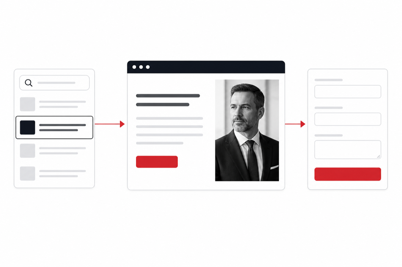 A client moving from search to a law firm page and contact form